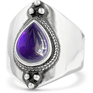 A04_Amethyst Retro Sterling Silver Waterdrop Natural Stone Boho Ring